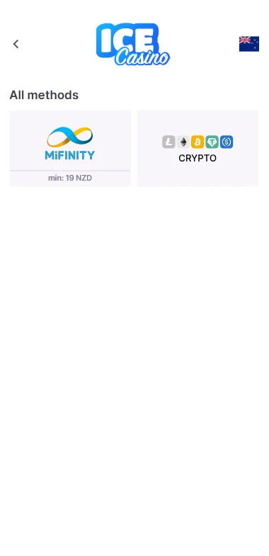 Cashier with MiFinity and crypto deposit methods at Ice Casino in NZ