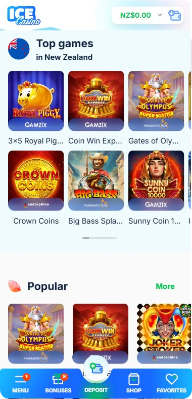Top games for New Zealand in the Ice Casino lobby with NZD balance