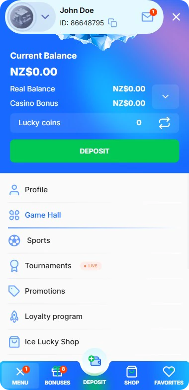 Ice Casino account menu showing balance, tournaments and loyalty program
