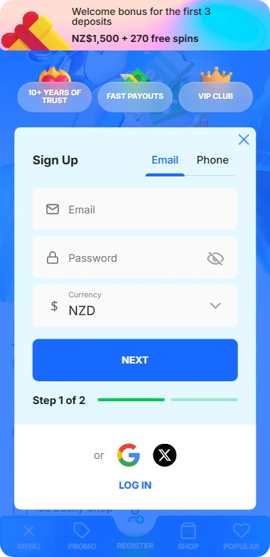 Ice Casino sign-up form with NZD currency and NZ$1,500 welcome bonus