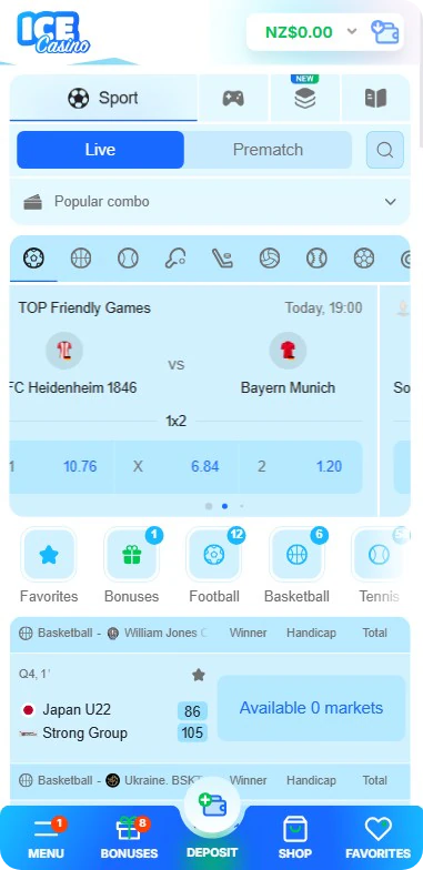 Sports betting section with live football markets at Ice Casino